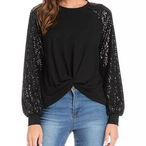 Karen Kane Black Sequin Sleeve, Knot Front, Women's Top, Sz M